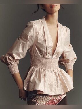 Anthropologie The Tommie Long Sleeve Shine Smocked Front Zip Top NWT!